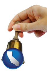 california map icon and a bell being rung for the maid or the butler