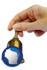 wisconsin map icon and a bell being rung for the maid or the butler